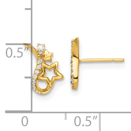 Pendientes de Botón de Oro Amarillo de 14k Pulido con Estrellas y Circonitas Cúbicas (CZ)