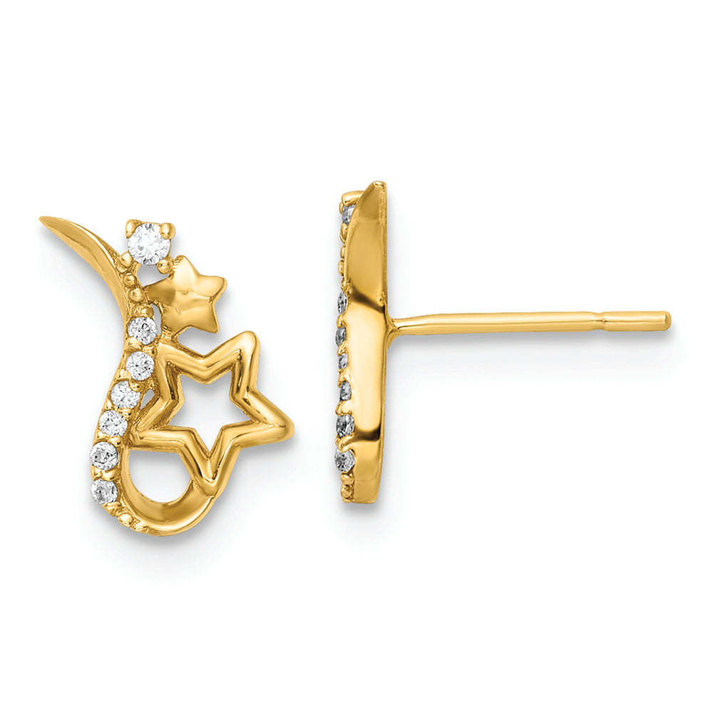 Pendientes de Botón de Oro Amarillo de 14k Pulido con Estrellas y Circonitas Cúbicas (CZ)