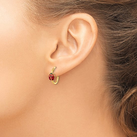 Aretes de Aro con Poste y Mariquita Esmaltada en Oro Amarillo de 14k