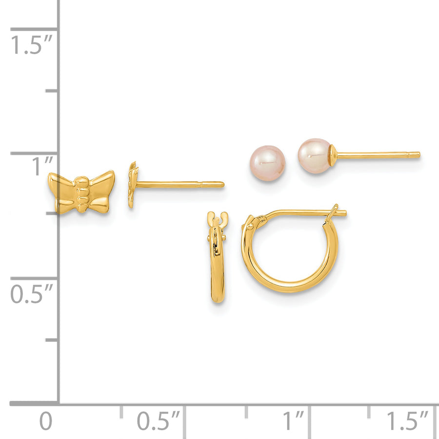Juego de 3 Pares de Pendientes en Oro Amarillo de 14k con Perlas Cultivadas de Agua Dulce y Aros en Forma de Mariposa