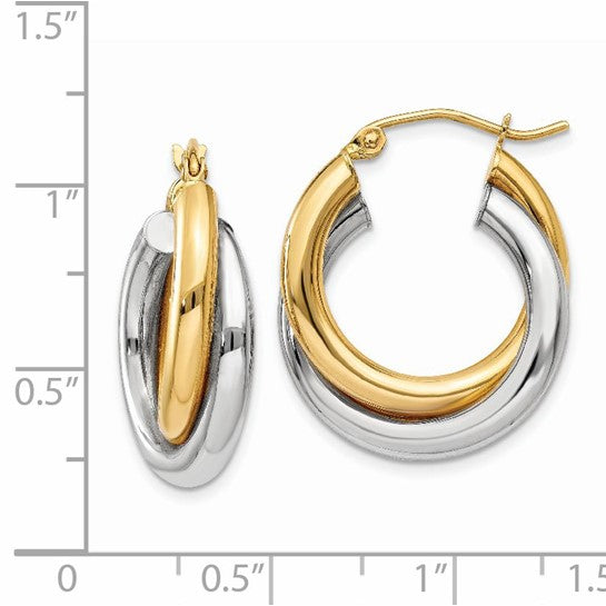 Aretes de Aro Doble Tubo Pulido en Oro Bicolor de 14k