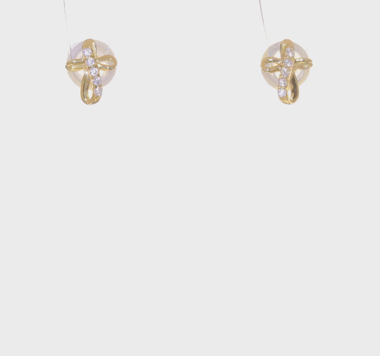 Pendientes de Botón Cruz con CZ en Oro Amarillo de 14k