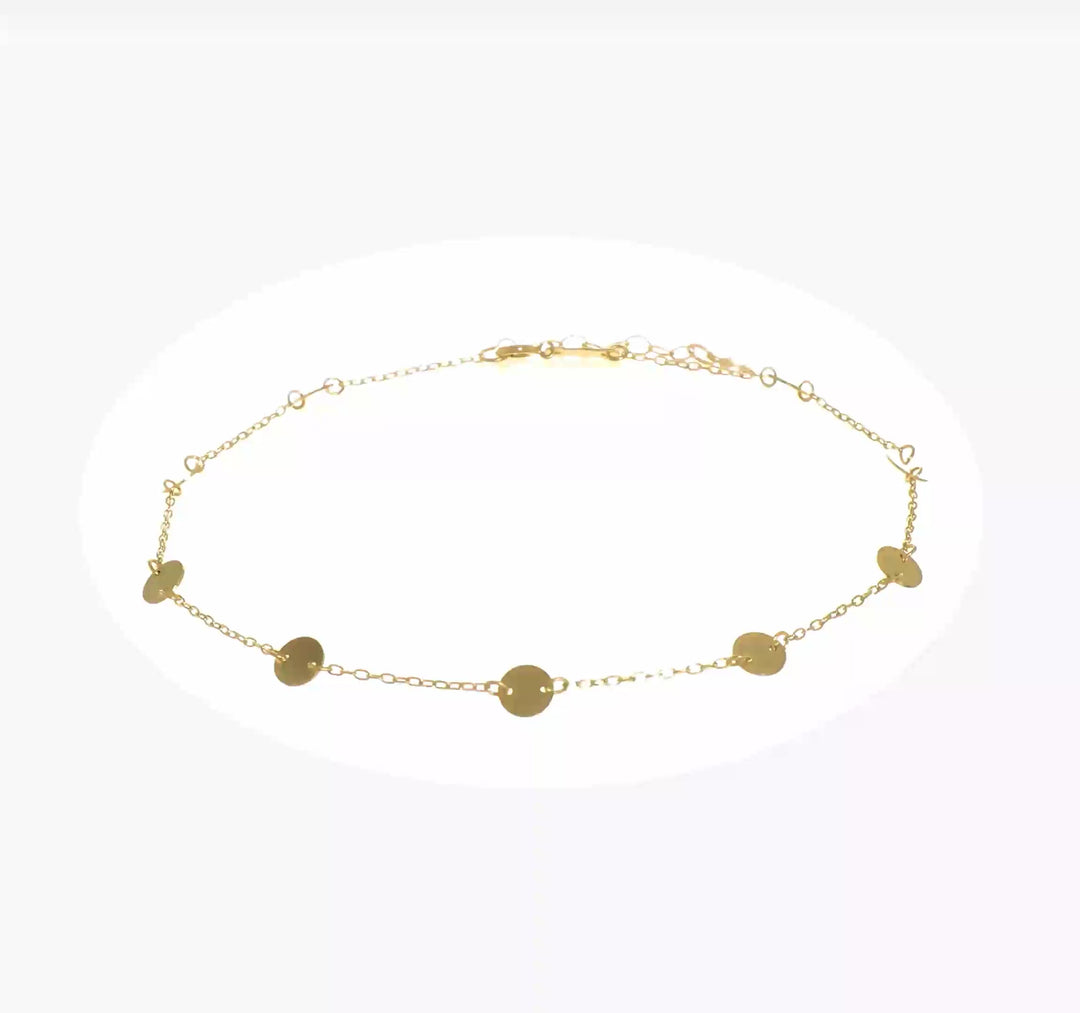 Tobillera de Oro Amarillo de 14K con Discos Pulidos de 9 Pulgadas y Extensión de 1 Pulgada