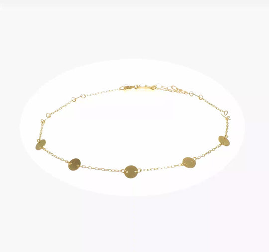 Tobillera de Oro Amarillo de 14K con Discos Pulidos de 9 Pulgadas y Extensión de 1 Pulgada