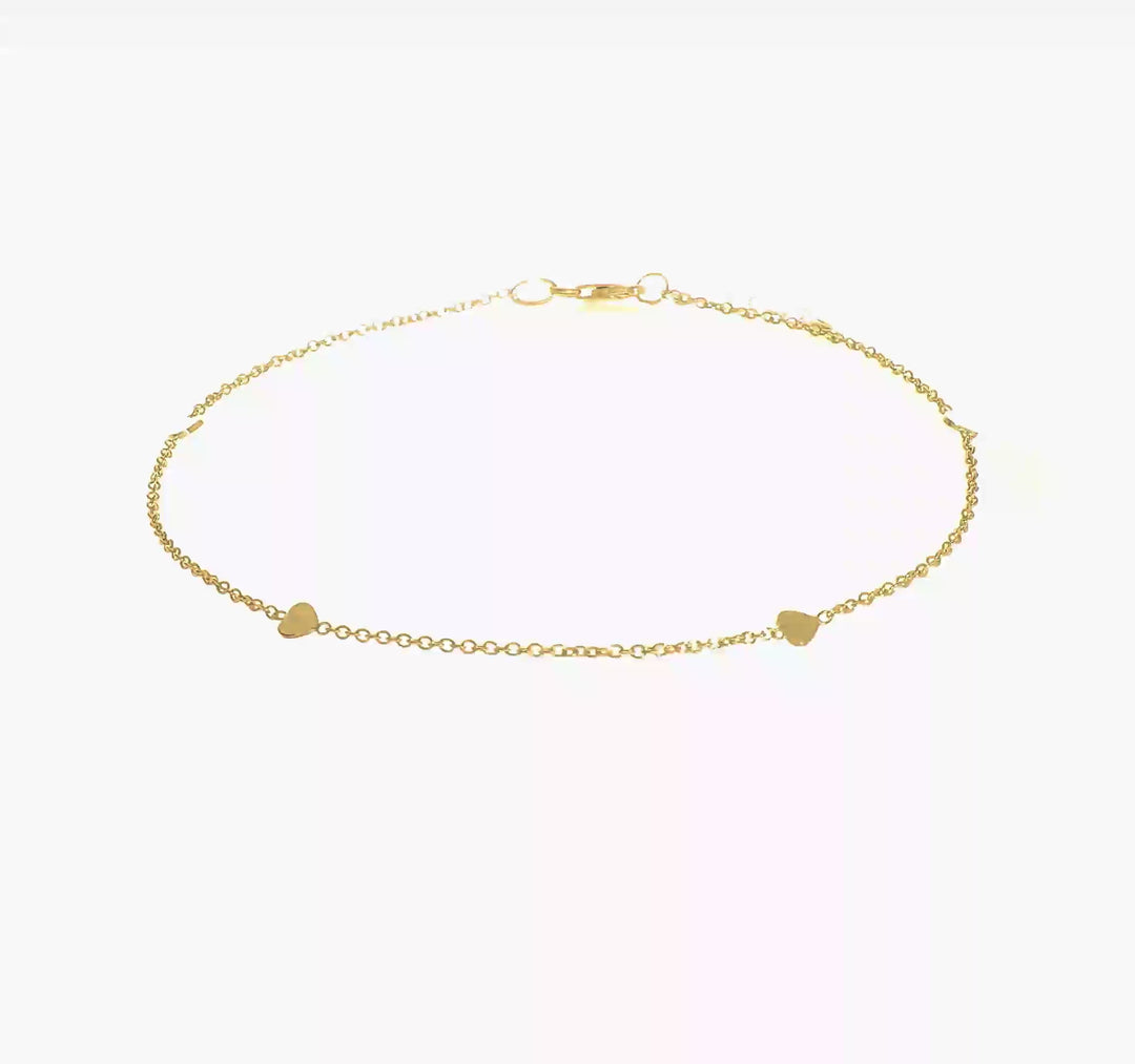 Tobillera de Corazones Pulidos de 14K de 10 Pulgadas + Extensión de 1 Pulgada
