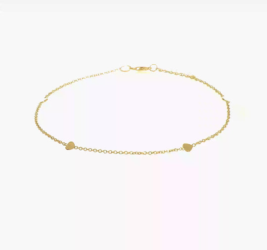 Tobillera de Corazones Pulidos de 14K de 10 Pulgadas + Extensión de 1 Pulgada