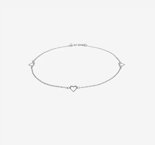 Tobillera en Oro Blanco de 14k con Corazones de Talla Diamante de 9 Pulgadas más, 1 de ext.