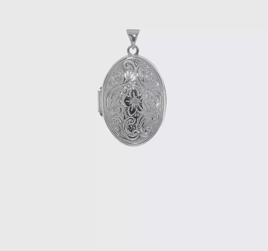 14k White Gold Reversible Floral Swirl Oval Locket (26mm)