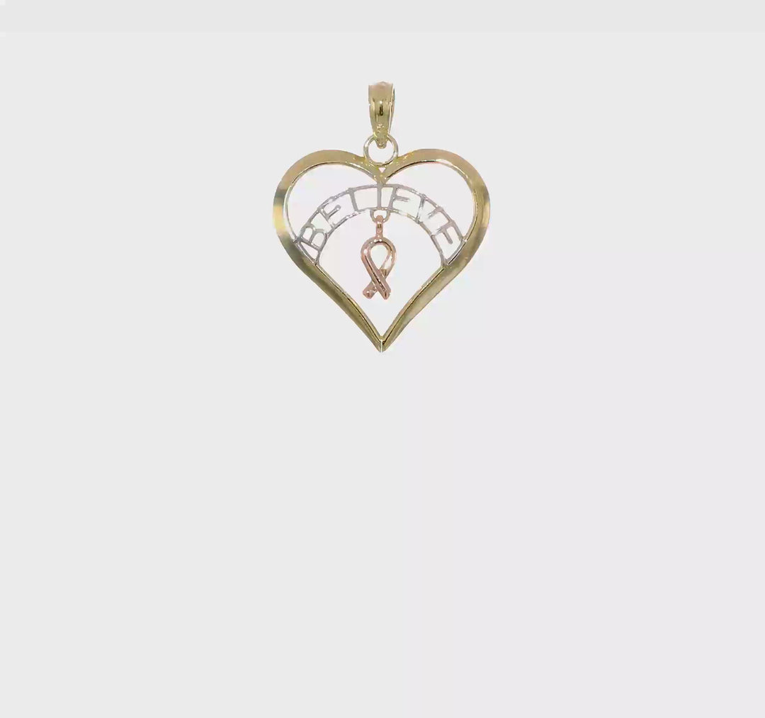 Colgante "Belive" en Corazón con Cinta de Cáncer de Mama en Oro Bicolor de 10k con Rodio Blanco