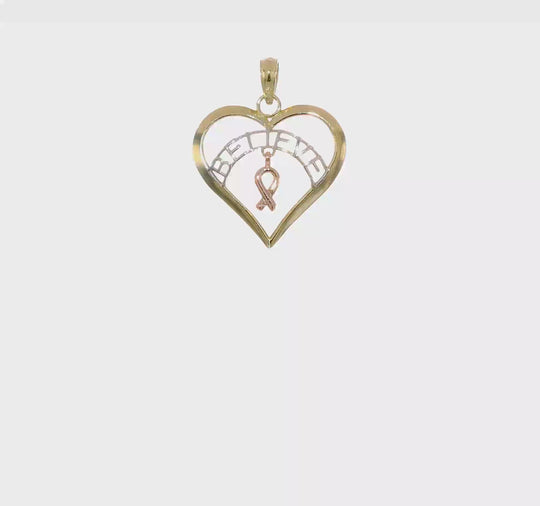 Colgante "Belive" en Corazón con Cinta de Cáncer de Mama en Oro Bicolor de 10k con Rodio Blanco