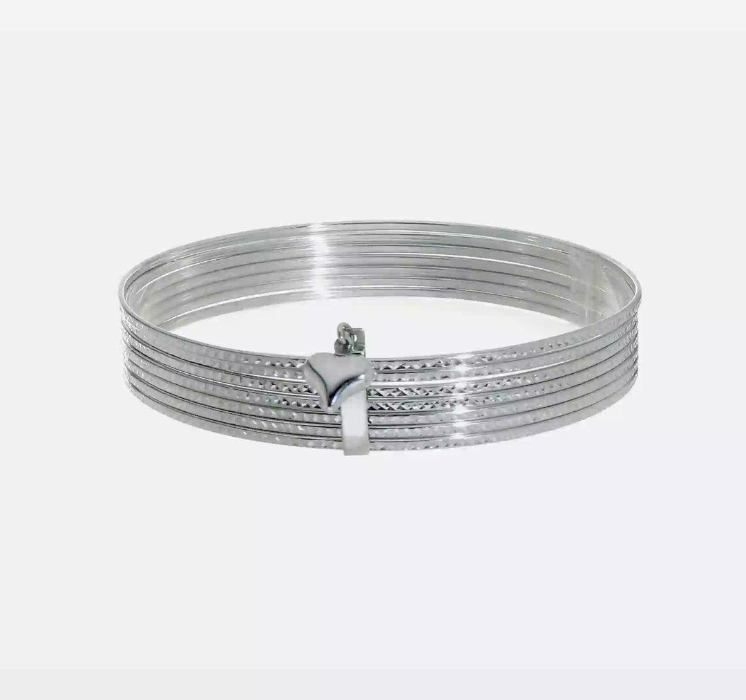 Set of 7 Oversized Bangle Bracelets in 14k White Gold with Hanging Textured Heart