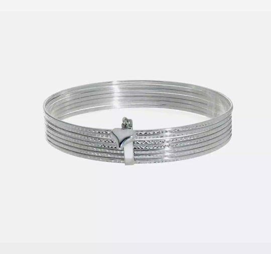 Set of 7 Oversized Bangle Bracelets in 14k White Gold with Hanging Textured Heart