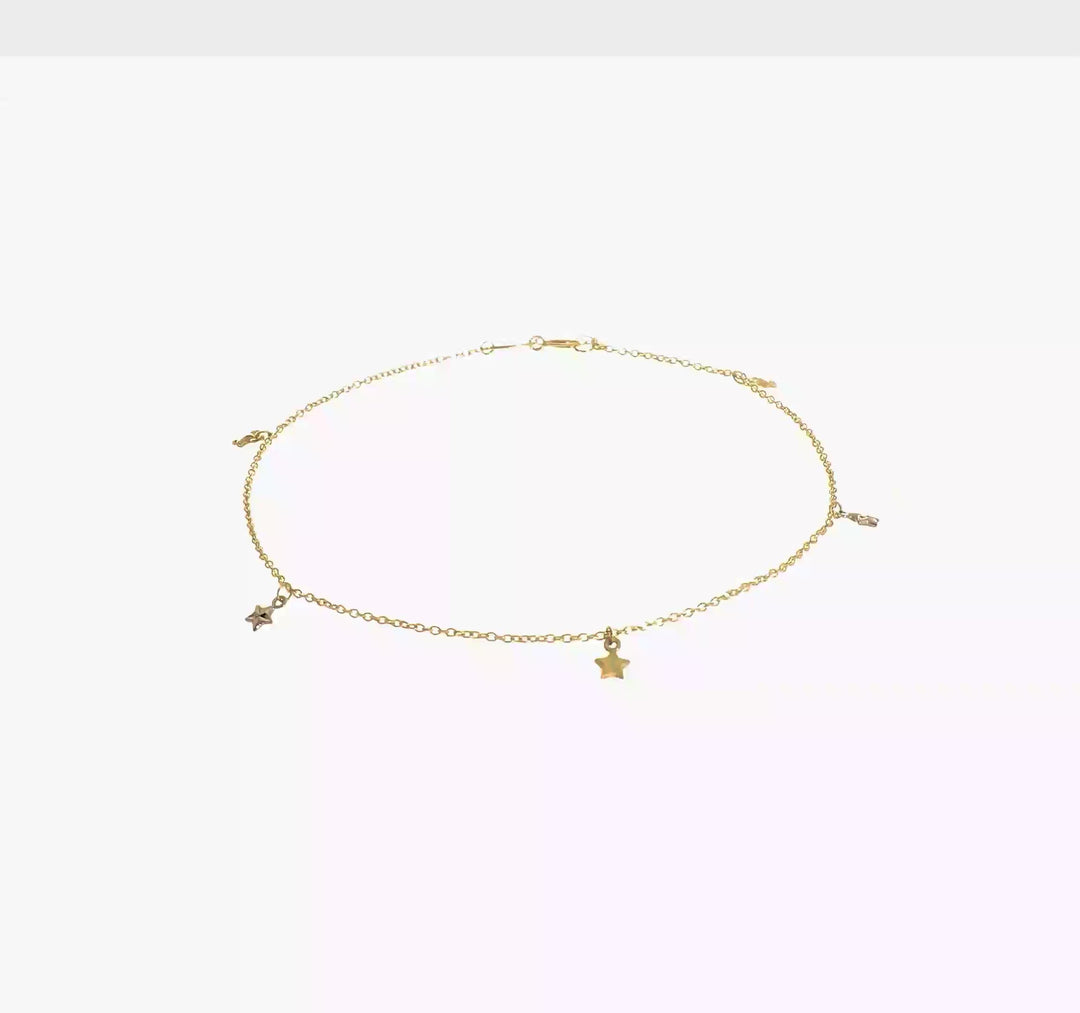 Tobillera de Estrellas con Corte Diamante Bicolor Pulida de 14K + Extensión