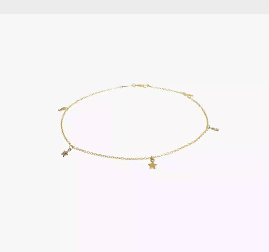 Tobillera de Estrellas con Corte Diamante Bicolor Pulida de 14K + Extensión