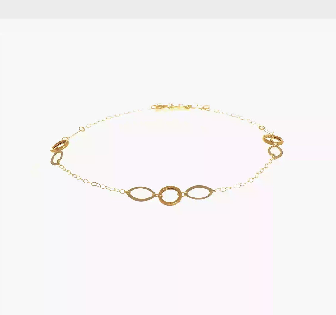 Tobillera de Oro de 14K de Tres Tonos con Círculos y Óvalos de 9 Pulgadas + Extensión de 1 Pulgada