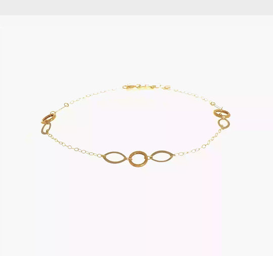 Tobillera de Oro de 14K de Tres Tonos con Círculos y Óvalos de 9 Pulgadas + Extensión de 1 Pulgada