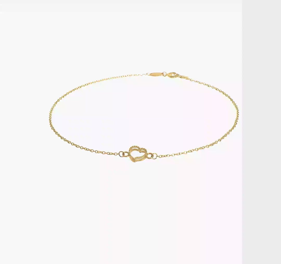 Tobillera de Corazón Texturizado y Pulido 14K de 9 Pulgada con Extensión de 1 Pulgada
