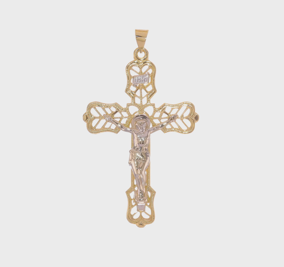 Colgante de Crucifijo Filigrana INRI en Oro de 14k Bicolor Sólido