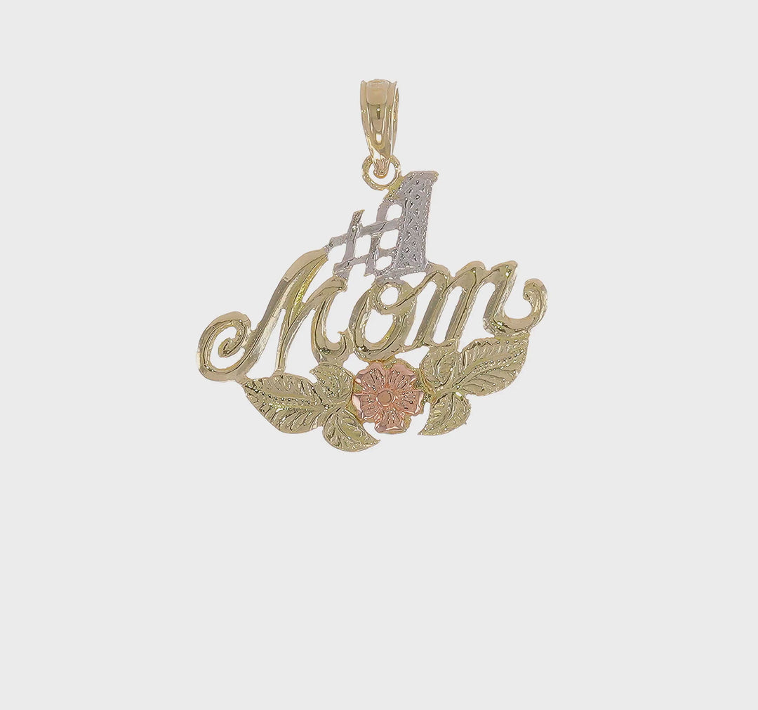 Dije de mamá con Flor #1 Mom en Oro Bicolor de 10k y Rodio Blanco