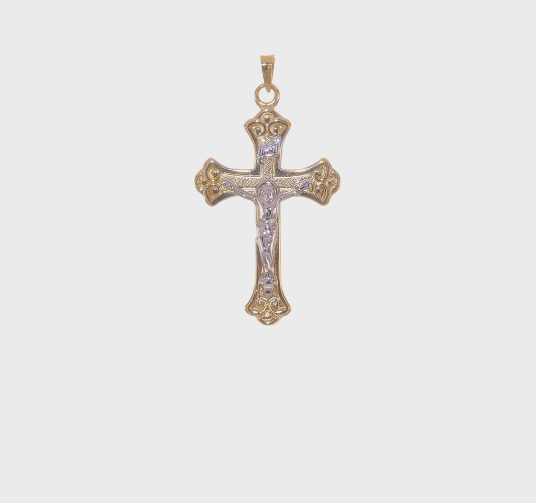 INRI Crucifix Pendant with Fleur-de-Lis in Solid, Polished, Two-Tone 14k Gold