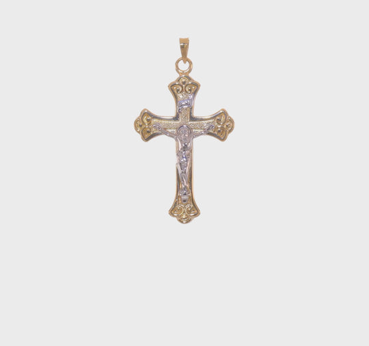 INRI Crucifix Pendant with Fleur-de-Lis in Solid, Polished, Two-Tone 14k Gold