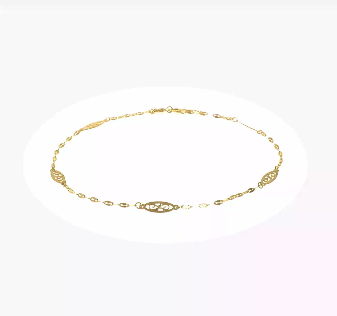 Tobillera de Enlace Filigrana Elegante Pulida de 14K de 9 Pulgadas + Extensión de 1 Pulgada