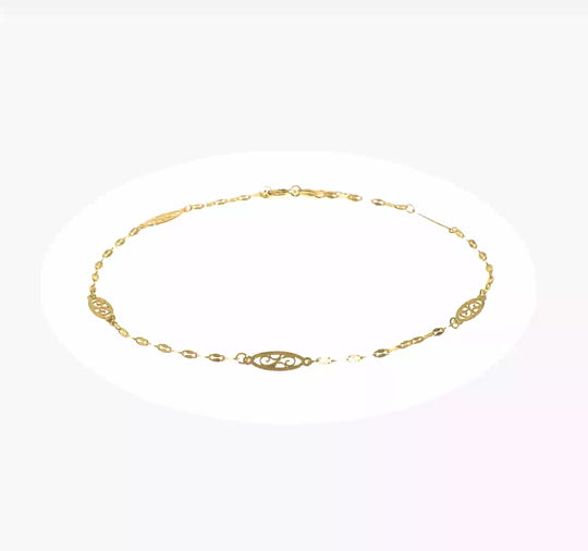 Tobillera de Enlace Filigrana Elegante Pulida de 14K de 9 Pulgadas + Extensión de 1 Pulgada