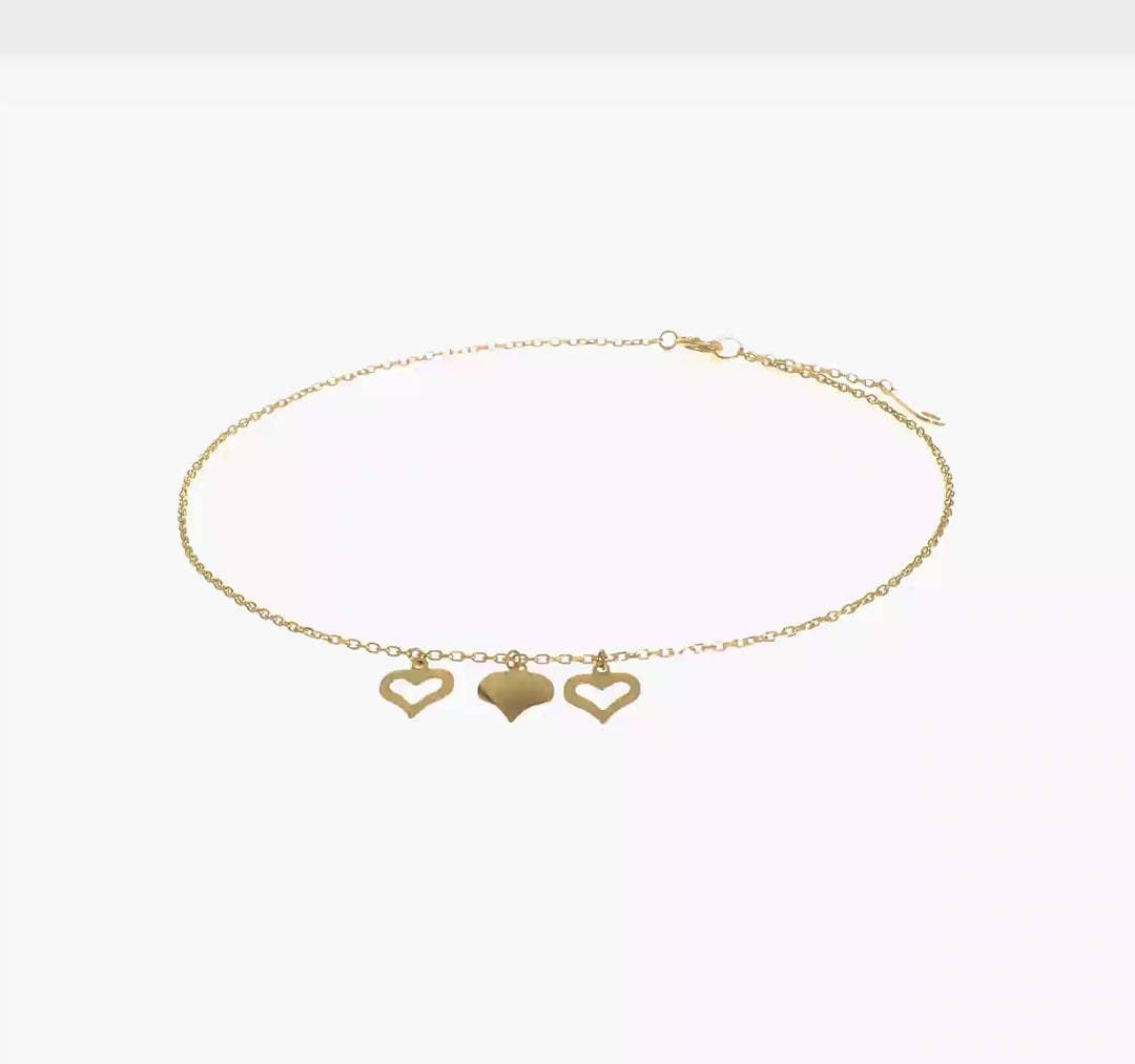 Tobillera de 14K con 3 Corazones de 10 Pulgadas más 1 Pulgada de Extensión