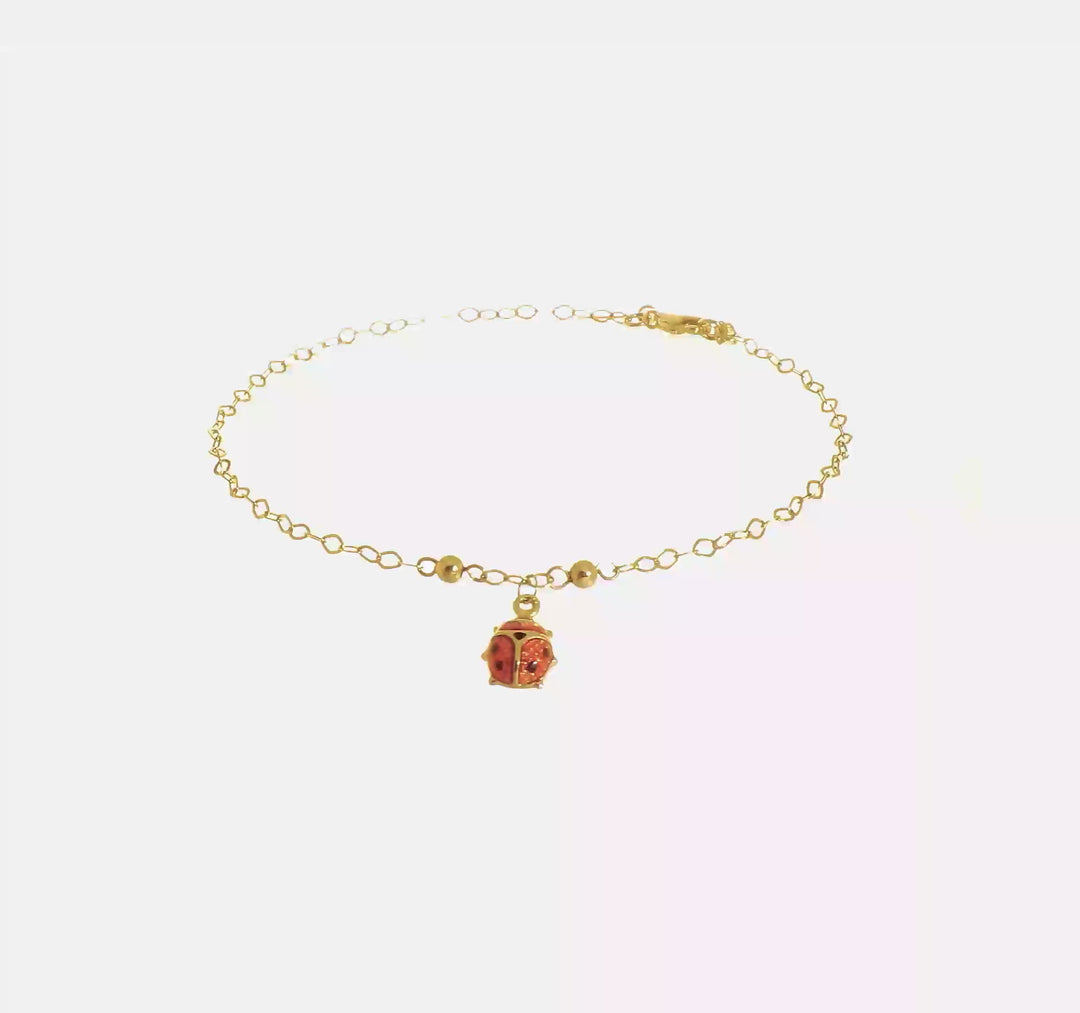Tobillera Ajustable de Mariquita Esmaltada de Oro Amarillo de 14K de 9 Pulgadas + Extensión de 1 Pulgada