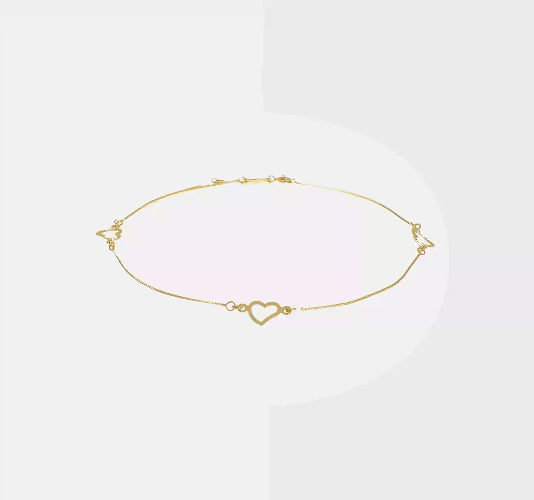 Tobillera Ajustable con Corazón en Oro Amarillo de 14K de 9 Pulgadas + Extensión de 1 Pulgada