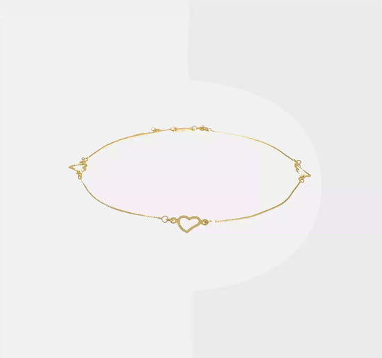 Tobillera Ajustable con Corazón en Oro Amarillo de 14K de 9 Pulgadas + Extensión de 1 Pulgada