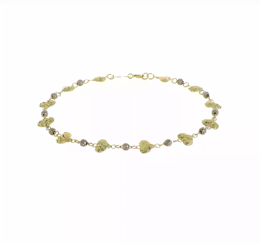 Pulsera de 7 Pulgadas en Oro Bicolor de 14K con Corazones y Cuentas con Corte de Diamante