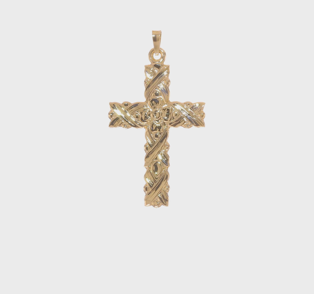Polished and Textured Floral Solid Cross Pendant in 14k Yellow Gold