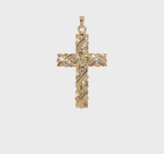 Polished and Textured Floral Solid Cross Pendant in 14k Yellow Gold