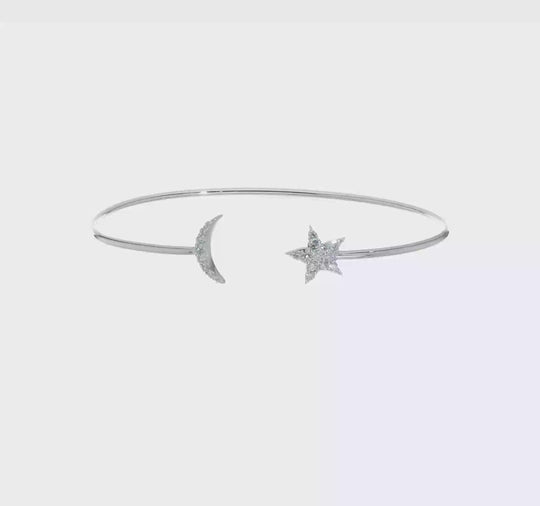  Brazalete tipo Esclava Flexible con Diamantes en forma de Luna y Estrella en Oro Blanco de 14K