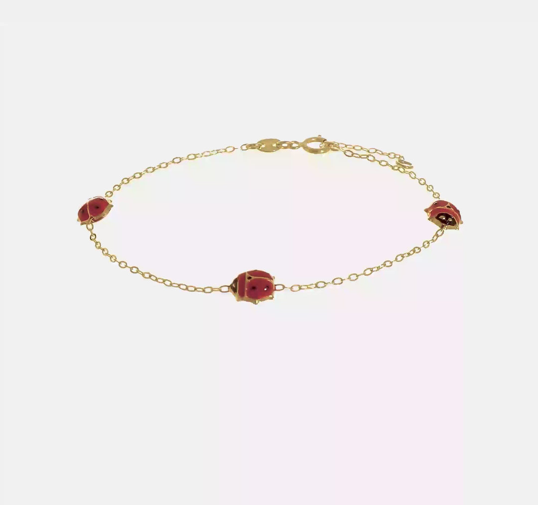 Pulsera Pulida de Mariquitas Esmaltadas en Oro 14K de 6.5 Pulgadas con Extensión de 0.75 Pulgadas