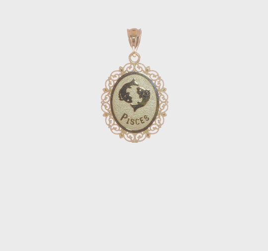 Pisces Zodiac Oval Pendant in 14k Yellow Gold with Satin and Polished Finish