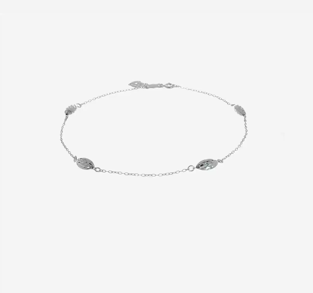 Tobillera 14K Oro Blanco con Esferas de Arroz 9 Pulgadas + 1 Pulgada de Extensión