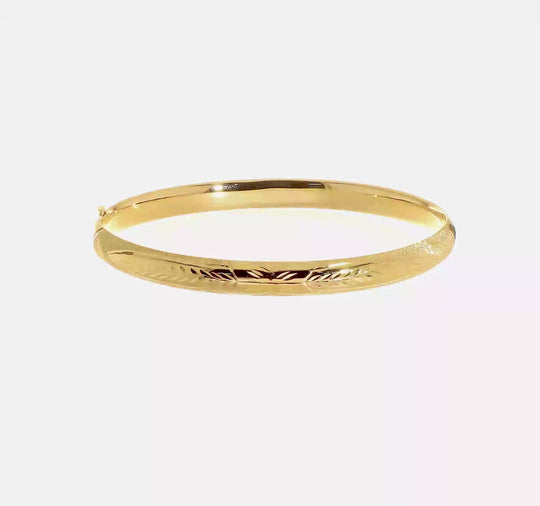 14K Yellow Gold Hinged Bangle with Florentine Engraving and Brushed and Polished Finish