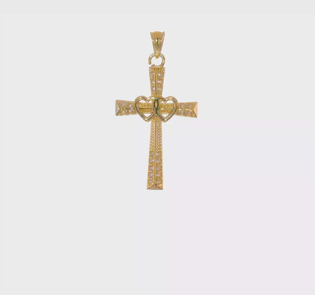 Cross Pendant with Double Hearts and Zirconias 14K