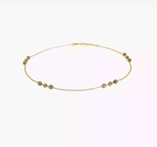 Tobillera de Oro de 14K de Dos Tonos Pulida y de Cuentas con Corte de Diamante de 9 Pulgadas + Extensor de 1 Pulgada