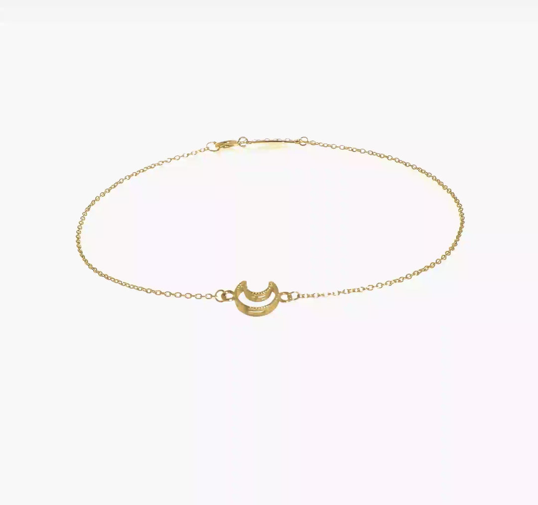 Tobillera de 14K en Oro Amarillo Texturizada y Pulida con Luna de 9 Pulgadas más 1 Pulgada de Extensor