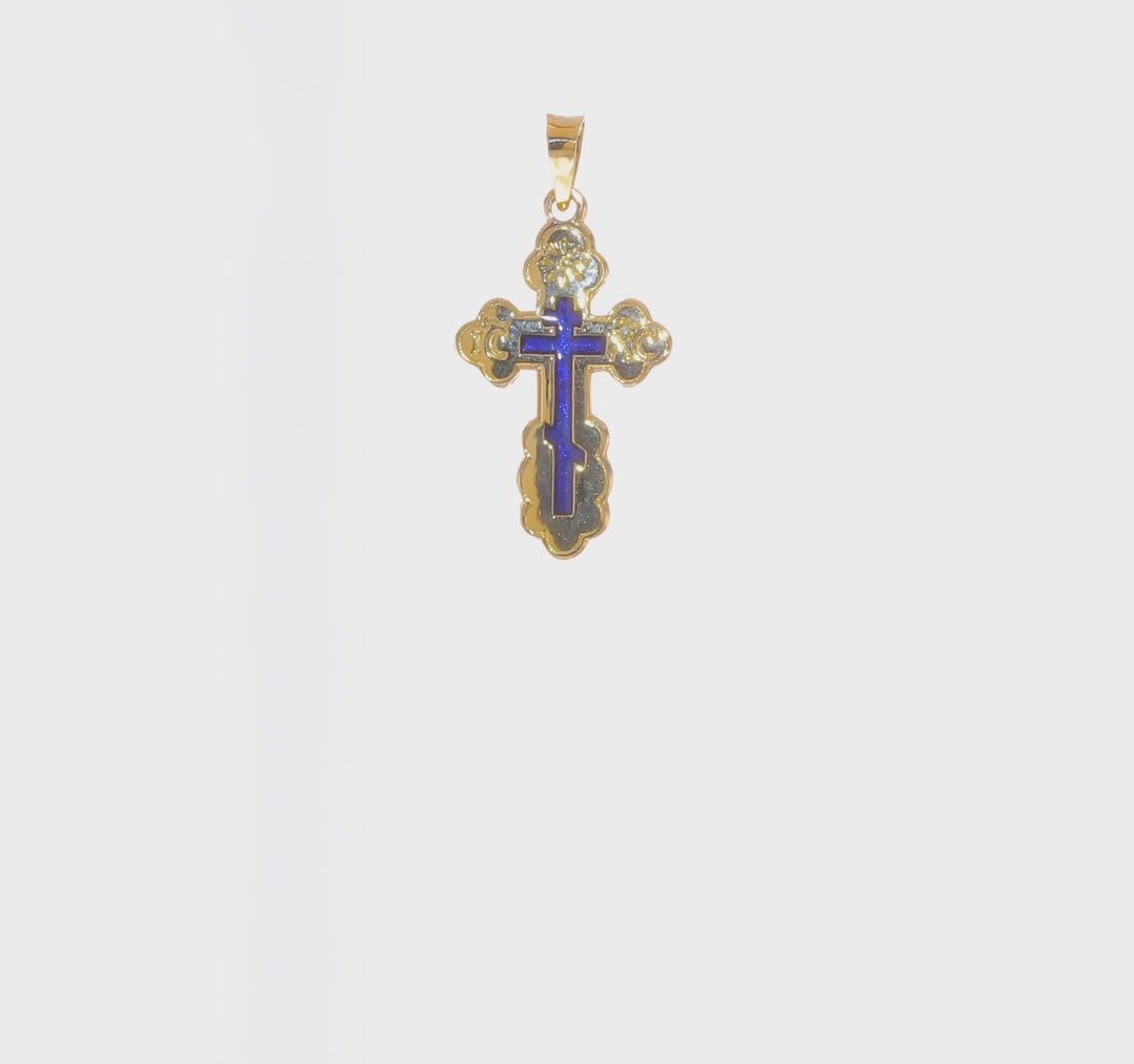 Polished Solid 14k Yellow Gold Eastern Orthodox Cross Pendant with Blue Enamel