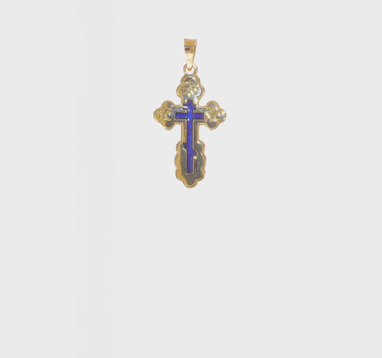 Polished Solid 14k Yellow Gold Eastern Orthodox Cross Pendant with Blue Enamel