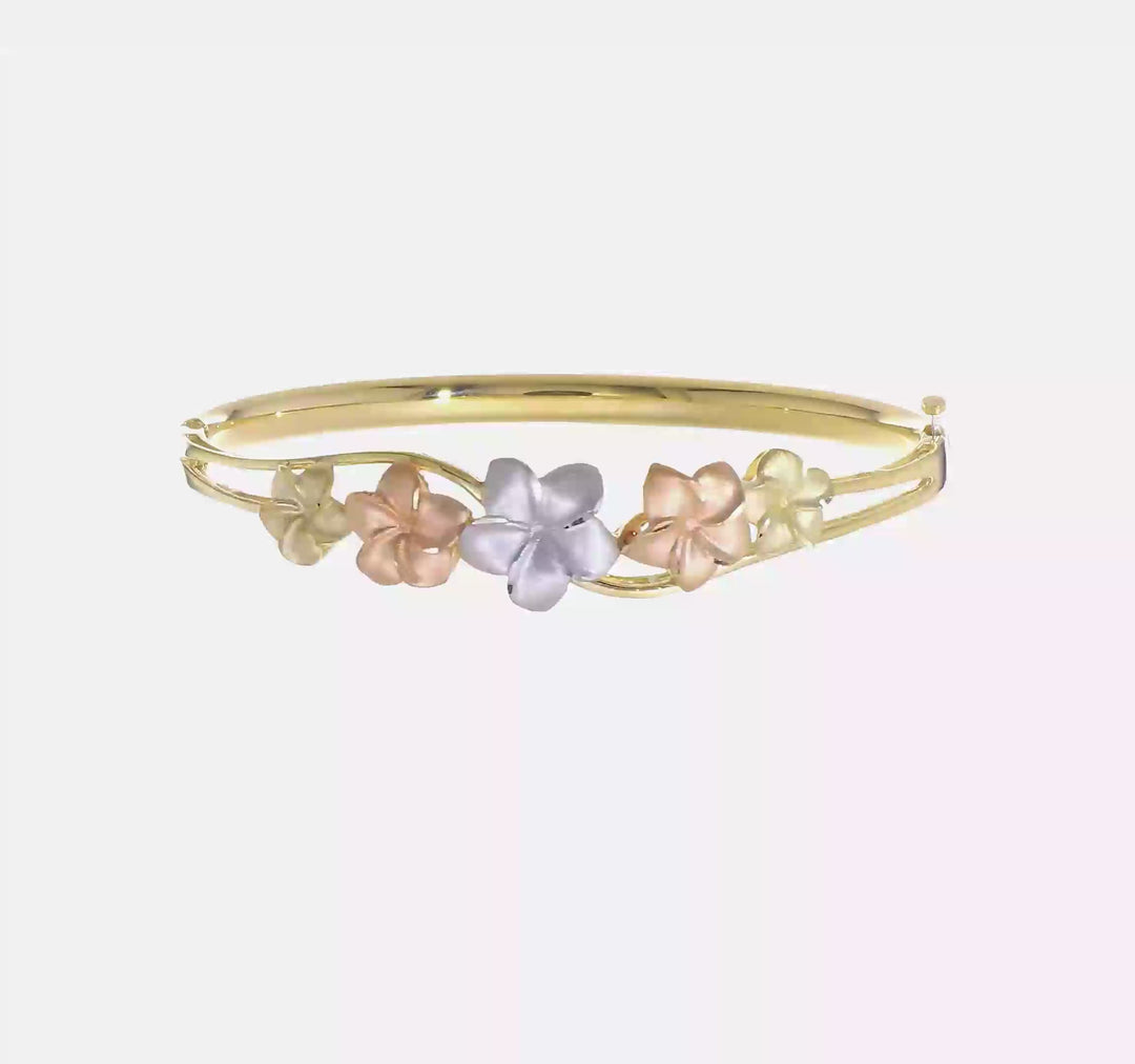 14K Tri-color Plumeria Hinged Bangle Bracelet