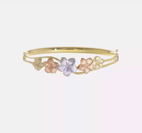 14K Tri-color Plumeria Hinged Bangle Bracelet