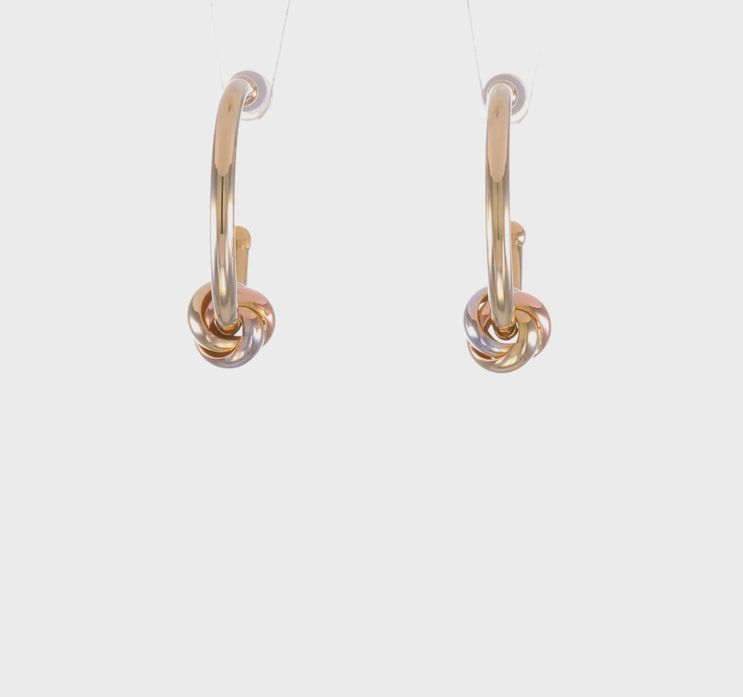 14K White and Rose Gold with Yellow Rhodium Knot J-Hoop Hoop Earrings