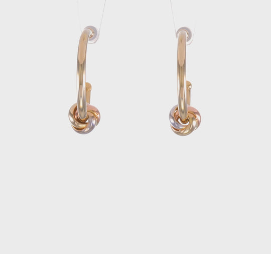 14K White and Rose Gold with Yellow Rhodium Knot J-Hoop Hoop Earrings