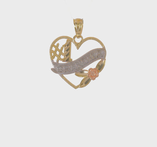 Colgante de Corazón “#1 ABUELA” en Oro de 14k Bicolor con Rodio Blanco
