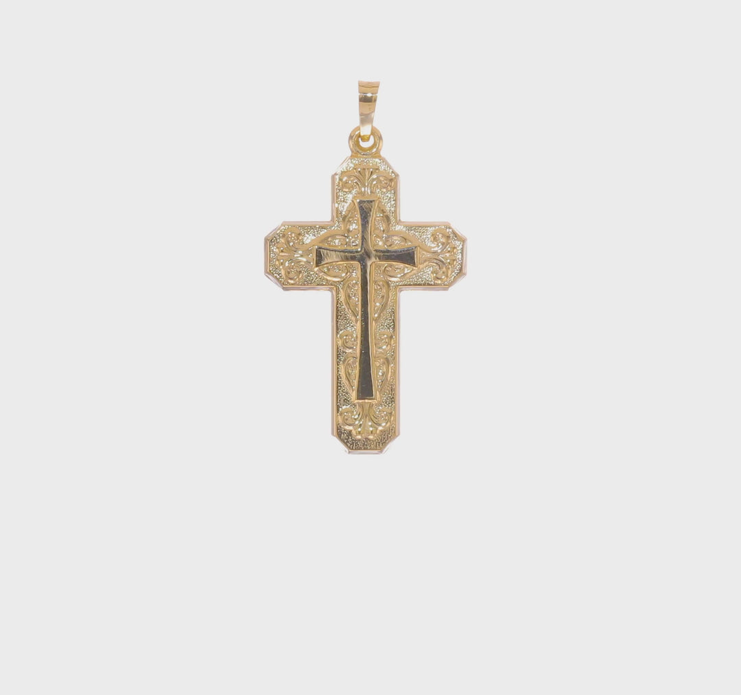 14K Gold Scroll Design Double Cross Pendant